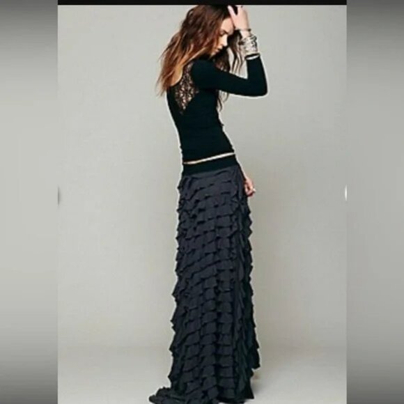 RARE+STUNNING Free People Black Tiered Ruffled Lydia Maxi Skirt, MSRP $349, SP - Picture 2 of 5